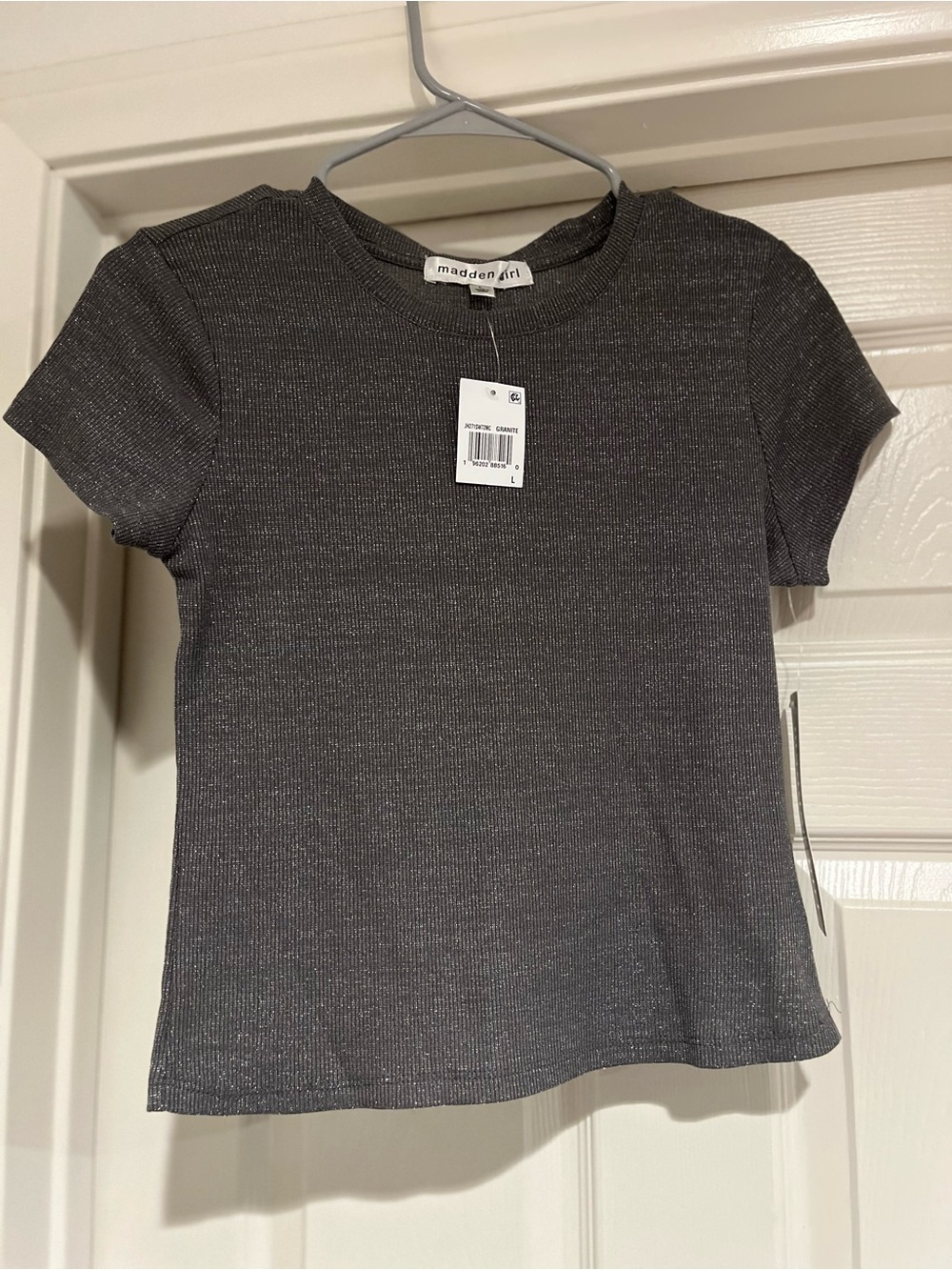 Madden Girl Granite Shimmery Ribbed Short Sleeve Top